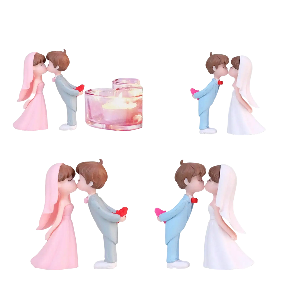 Wedding cake topper bride and groom resin figurines in pink and white dresses and gray and blue suits holding red hearts
