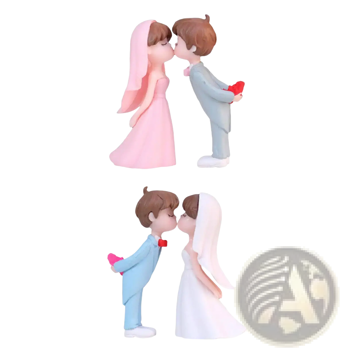 Wedding cake topper bride and groom resin figurines in pastel pink and blue outfits holding a red heart
