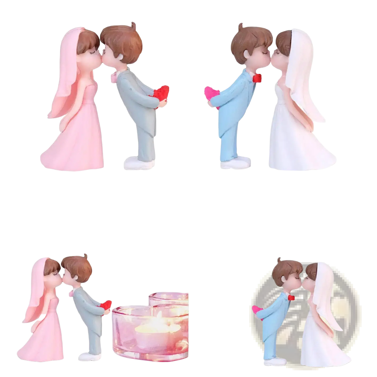 Wedding cake topper bride and groom resin figurines of a couple kissing dressed in pink dress and white gown