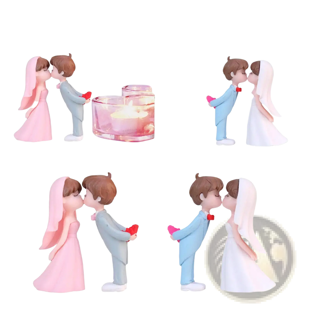 Wedding cake topper bride and groom resin figurines in pink and white dresses and gray and blue suits holding red hearts