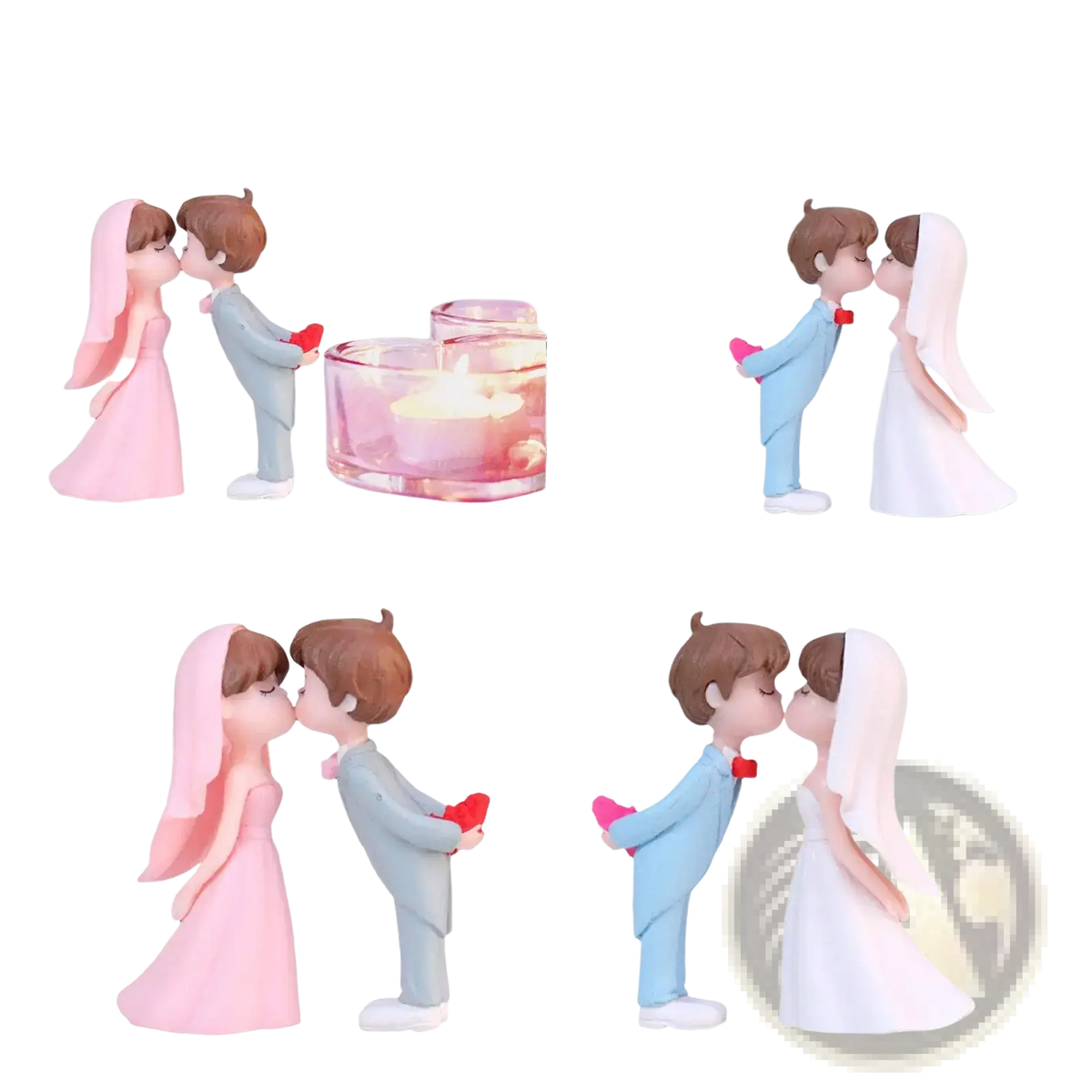 Wedding cake topper bride and groom resin figurines in pink and white dresses and gray and blue suits holding red hearts