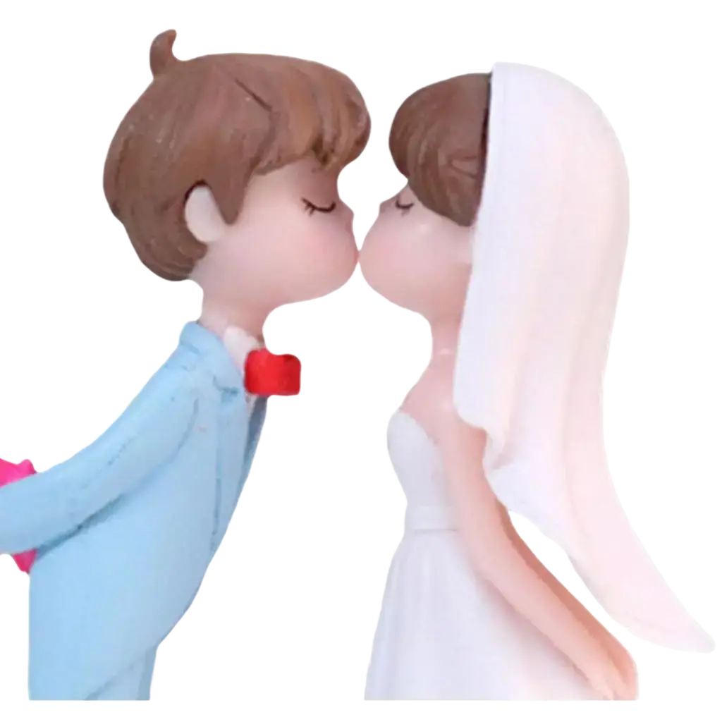 Wedding cake topper resin figurine of couple kissing with groom in light blue suit and bride in white dress and veil