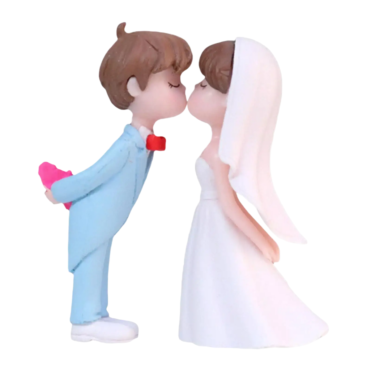 Cute resin wedding cake topper figurines of a bride in white gown and groom in light blue suit holding a pink heart