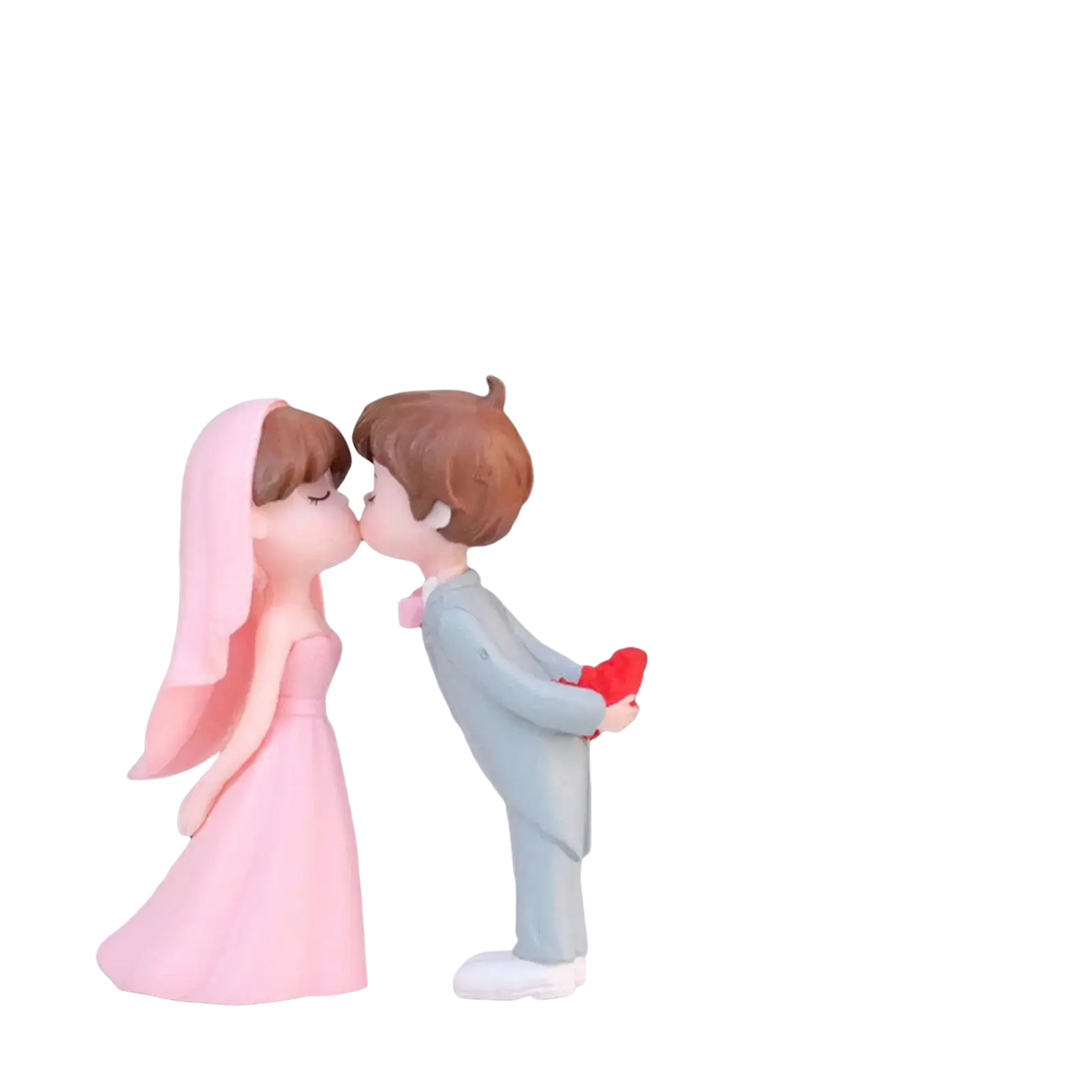 Wedding cake topper bride and groom figurines in pink and gray resin with groom holding a red heart sharing a kiss