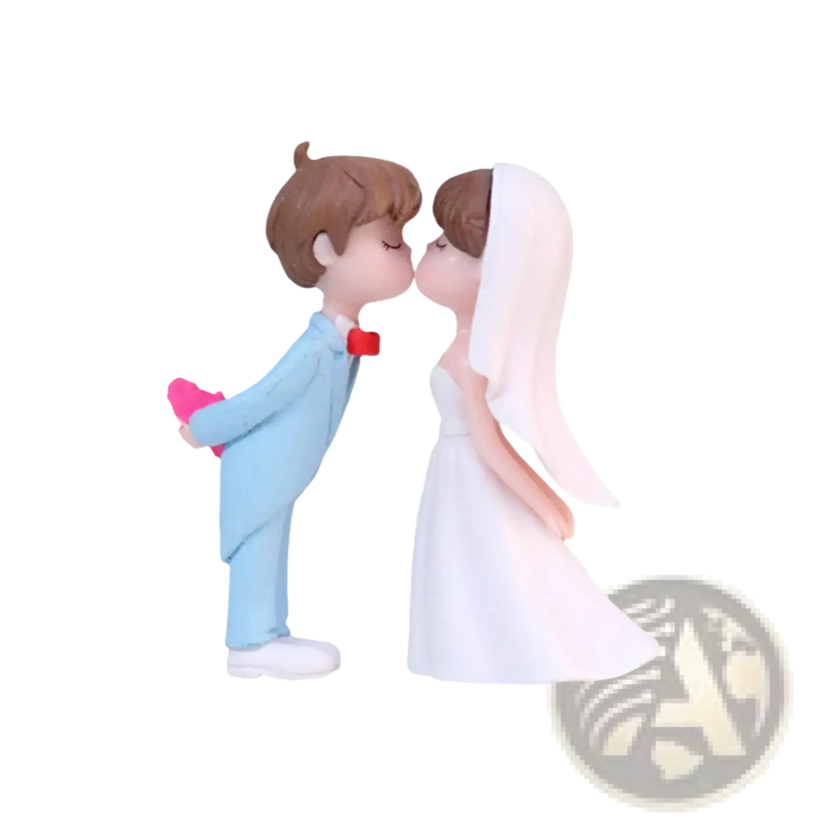 Wedding cake topper bride and groom figurines resin couple in wedding attire groom in blue suit holding pink heart