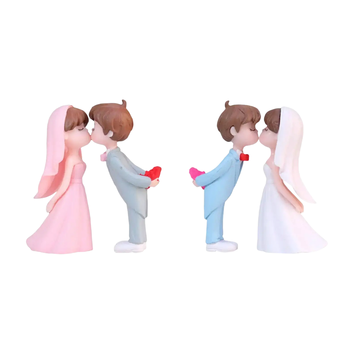 Wedding cake topper bride and groom figurines showing two miniature couples in pink gray and white blue attire with hearts