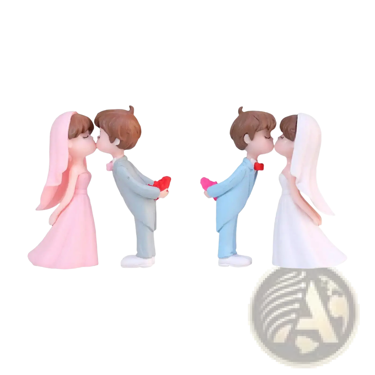 Wedding cake topper bride and groom figurines showing two miniature couples in pink gray and white blue attire with hearts