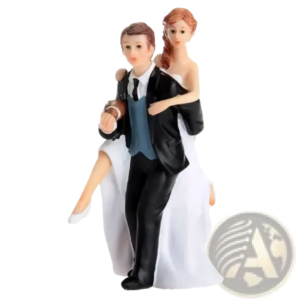 Wedding cake topper bride and groom resin figurine in black-tie and white gown posed in romantic embrace with fabric textures