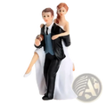 Wedding cake topper bride and groom resin figurine in black-tie and white gown posed in romantic embrace with fabric textures
