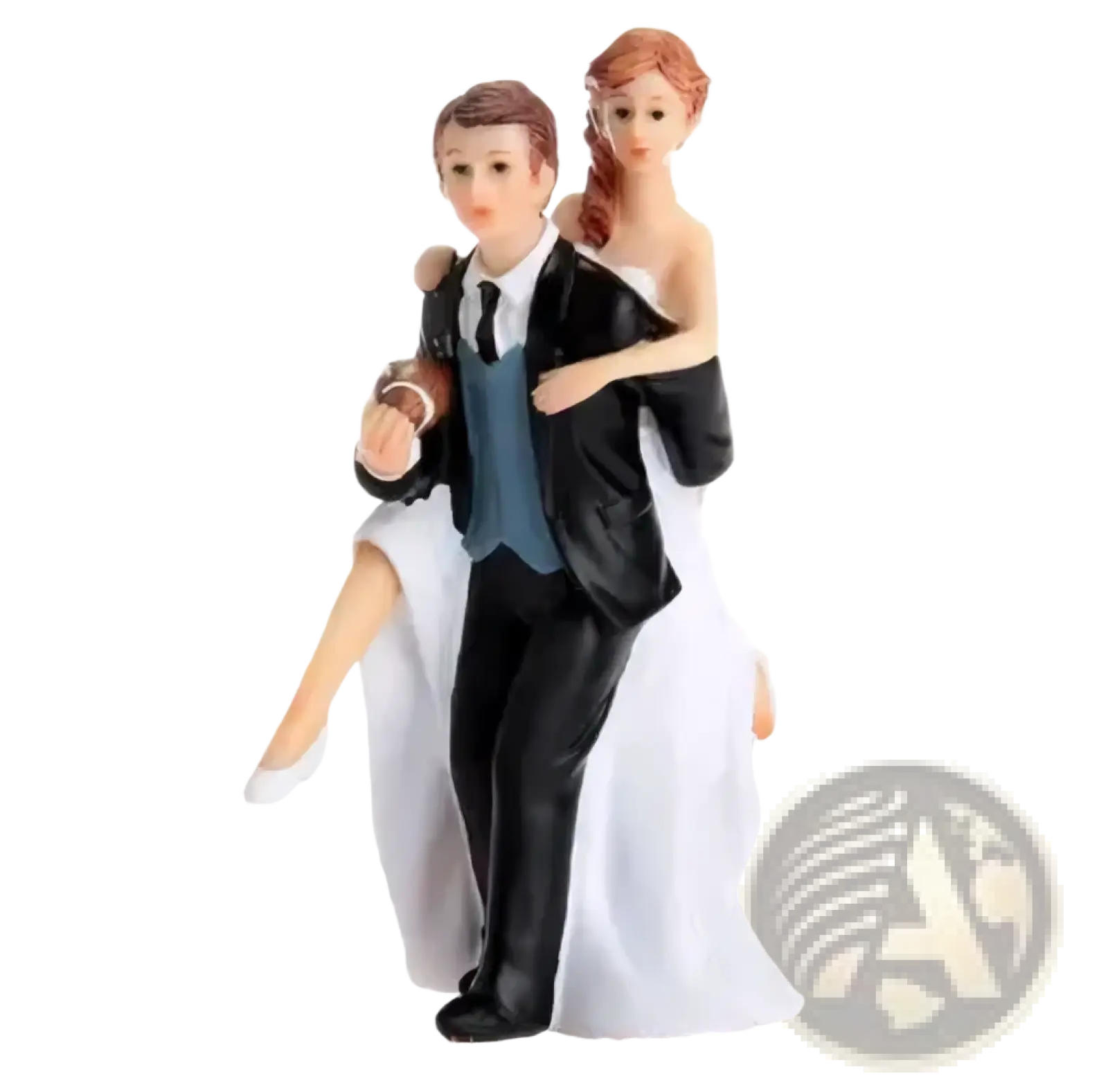 Wedding cake topper bride and groom resin figurine in black-tie and white gown posed in romantic embrace with fabric textures