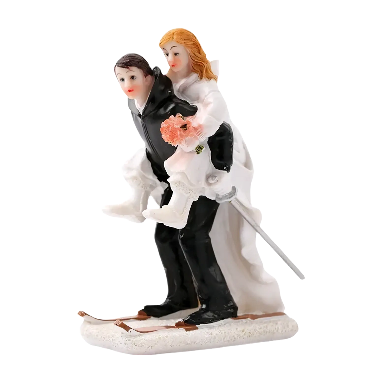 Wedding cake topper bride and groom resin figurine with groom in black carrying bride in white dress holding pink flowers