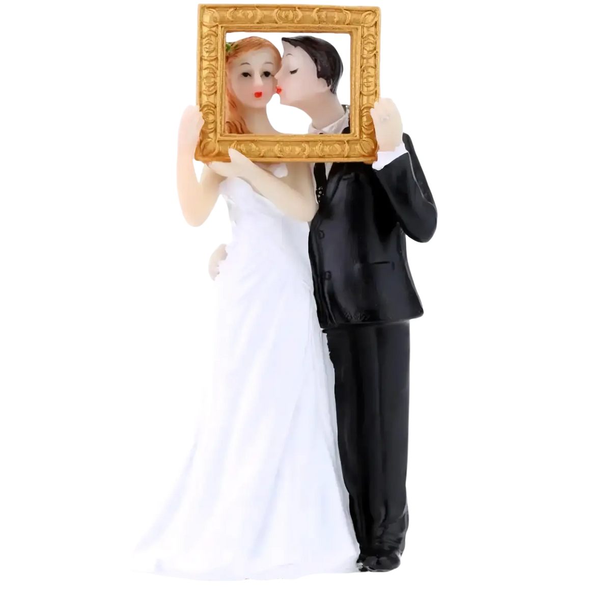 Wedding cake topper bride and groom resin figurine holding an ornate gold frame depicting their kiss in formal attire