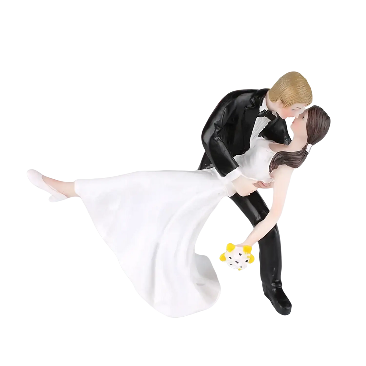 Wedding cake topper bride and groom resin figurine with black-tie groom white-dress bride holding yellow polka-dot bouquet