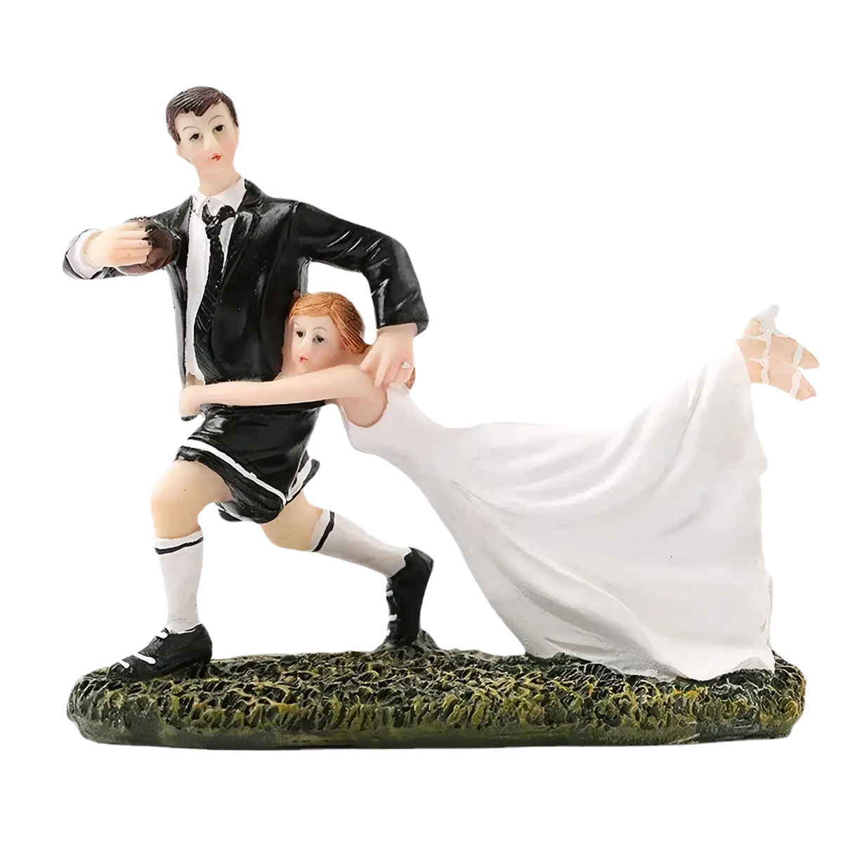 Wedding cake topper bride and groom resin figurine in black and white dancing on textured green base