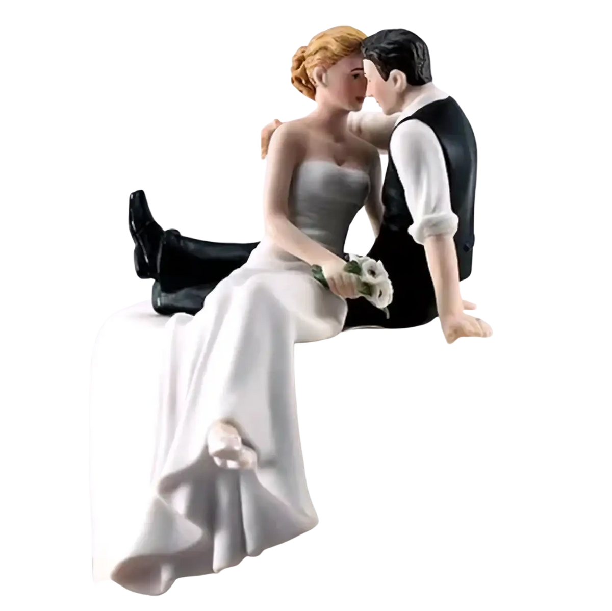 Wedding cake topper bride and groom resin figurine featuring a delicate porcelain couple kissing in white and black attire