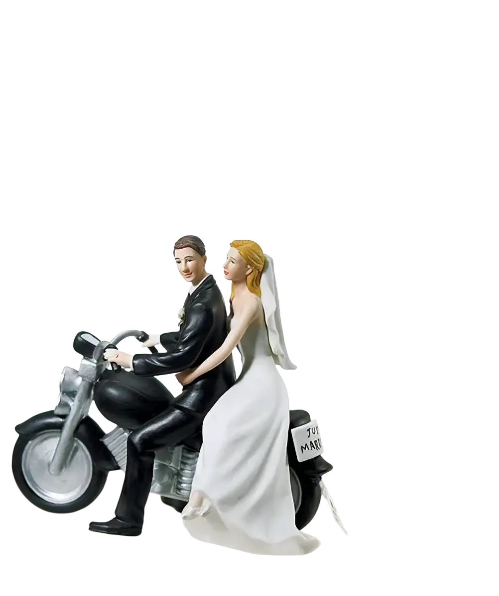 Wedding cake topper bride and groom resin figurine featuring detailed couple riding motorcycle with black and white attire