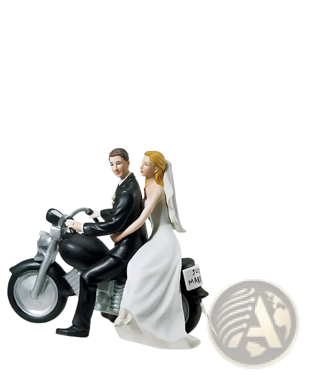 Wedding cake topper bride and groom resin figurine featuring detailed black attire groom riding motorcycle with silver accents