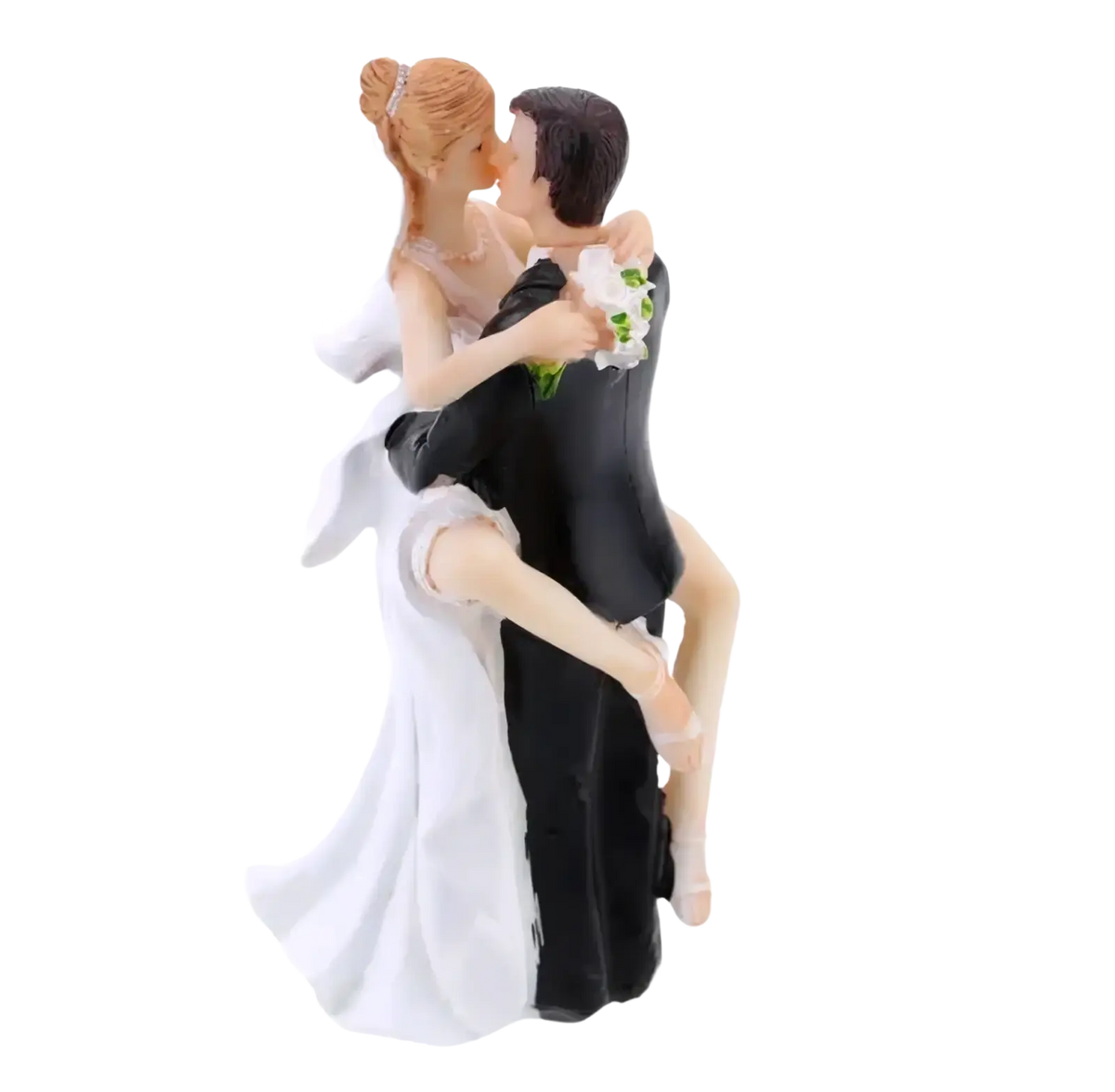 Detailed resin wedding cake topper bride and groom figurine sharing a kiss with white gown and black suit