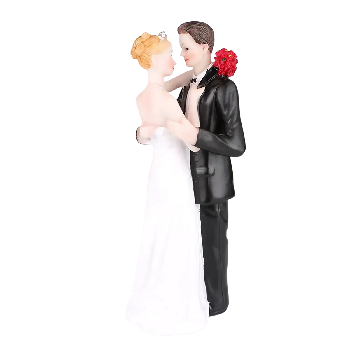 Wedding cake topper bride and groom resin figurine featuring detailed bride in white gown and groom in black tuxedo with red rose boutonniere