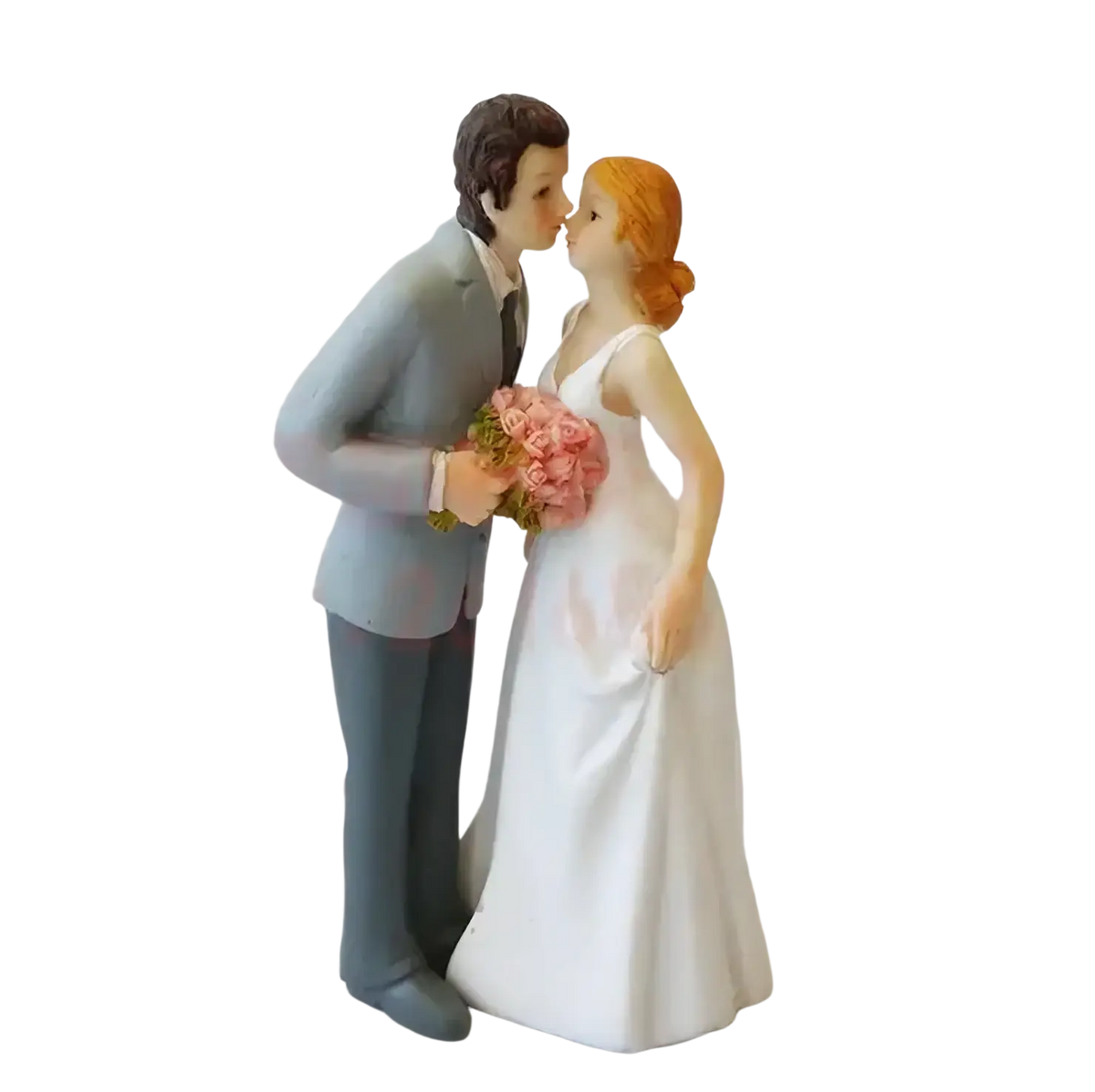 Wedding cake topper bride and groom resin figurine with a groom in gray suit and bride with red hair holding pink roses
