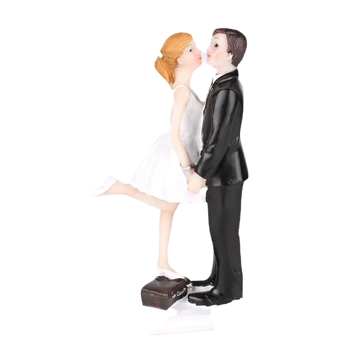 Wedding cake topper bride and groom resin figurine with glossy finish shows bride in white dress and groom in black suit kissing