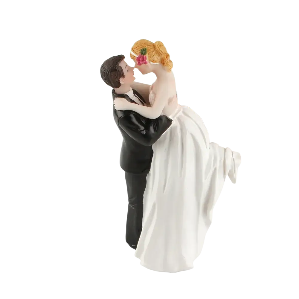 Wedding cake topper bride and groom resin figurine with glossy finish featuring blonde bride and black suit groom