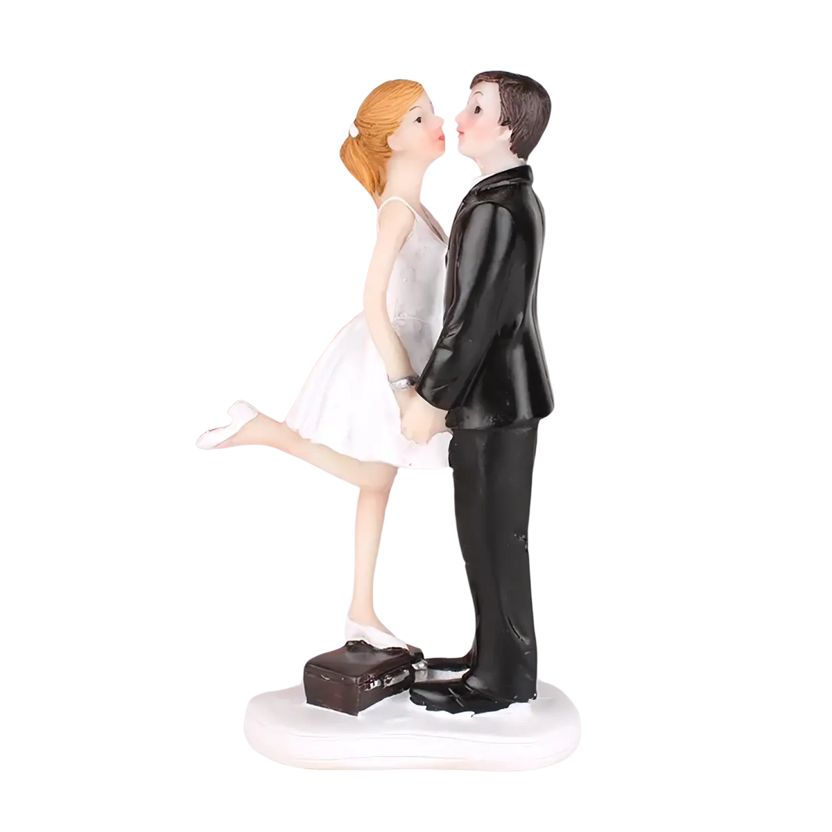 Wedding cake topper bride and groom resin figurine in glossy black and white with bride in white dress and orange hair kissing groom