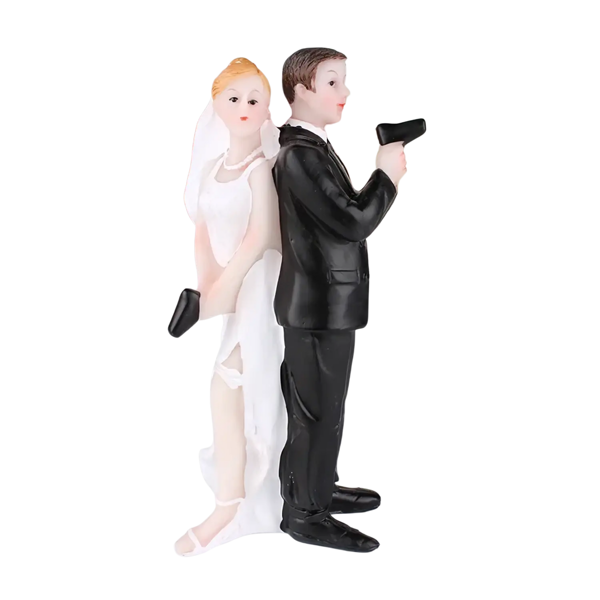 Wedding cake topper bride and groom resin figurine in glossy black and white featuring a bride and groom holding shoes