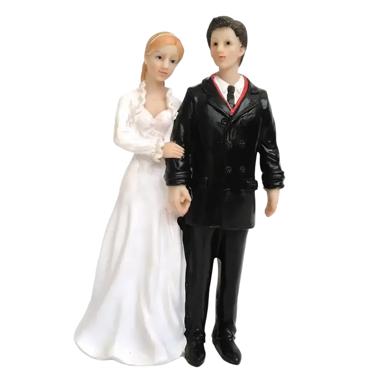 Wedding cake topper bride and groom resin figurine with glossy black and white design featuring orange-haired bride