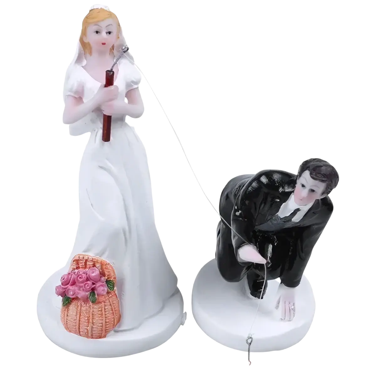White resin wedding cake topper bride and groom figurine with bride holding fishing rod and groom reeling line in black suit
