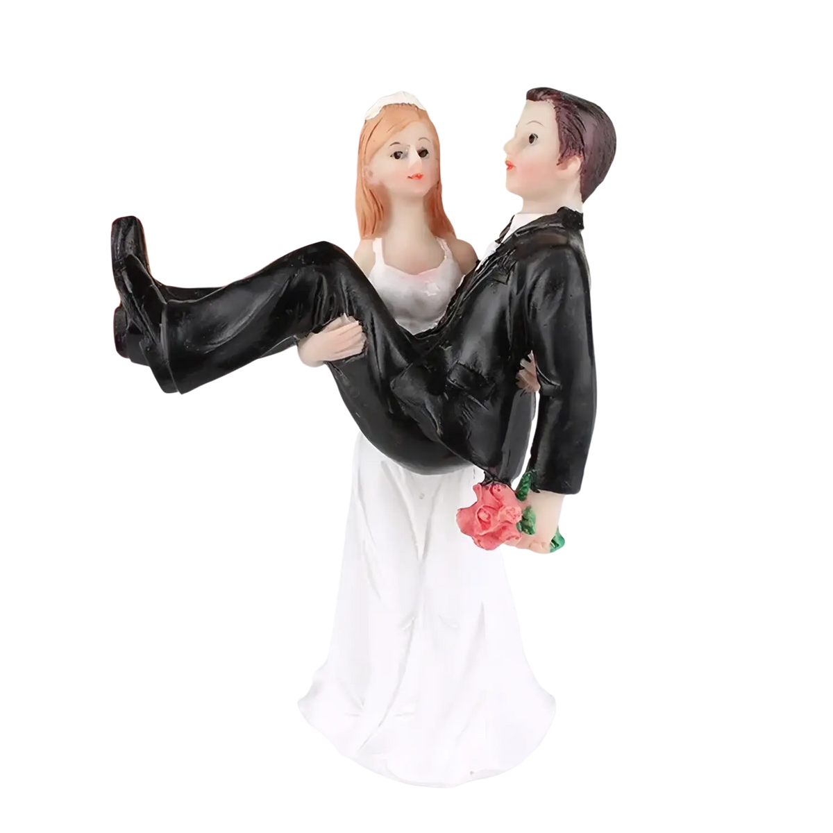 White resin wedding cake topper bride and groom figurine with groom in black suit carrying bride with blonde hair and pink roses