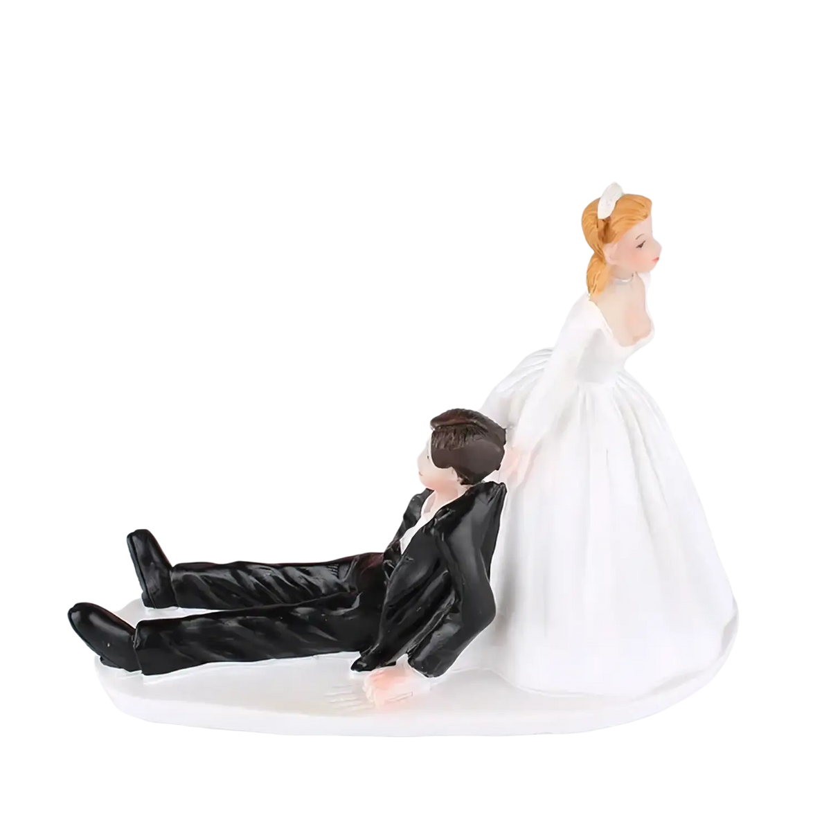 White resin wedding cake topper featuring a bride in a flowing white gown with blonde hair and a groom in a black tuxedo lying beside her