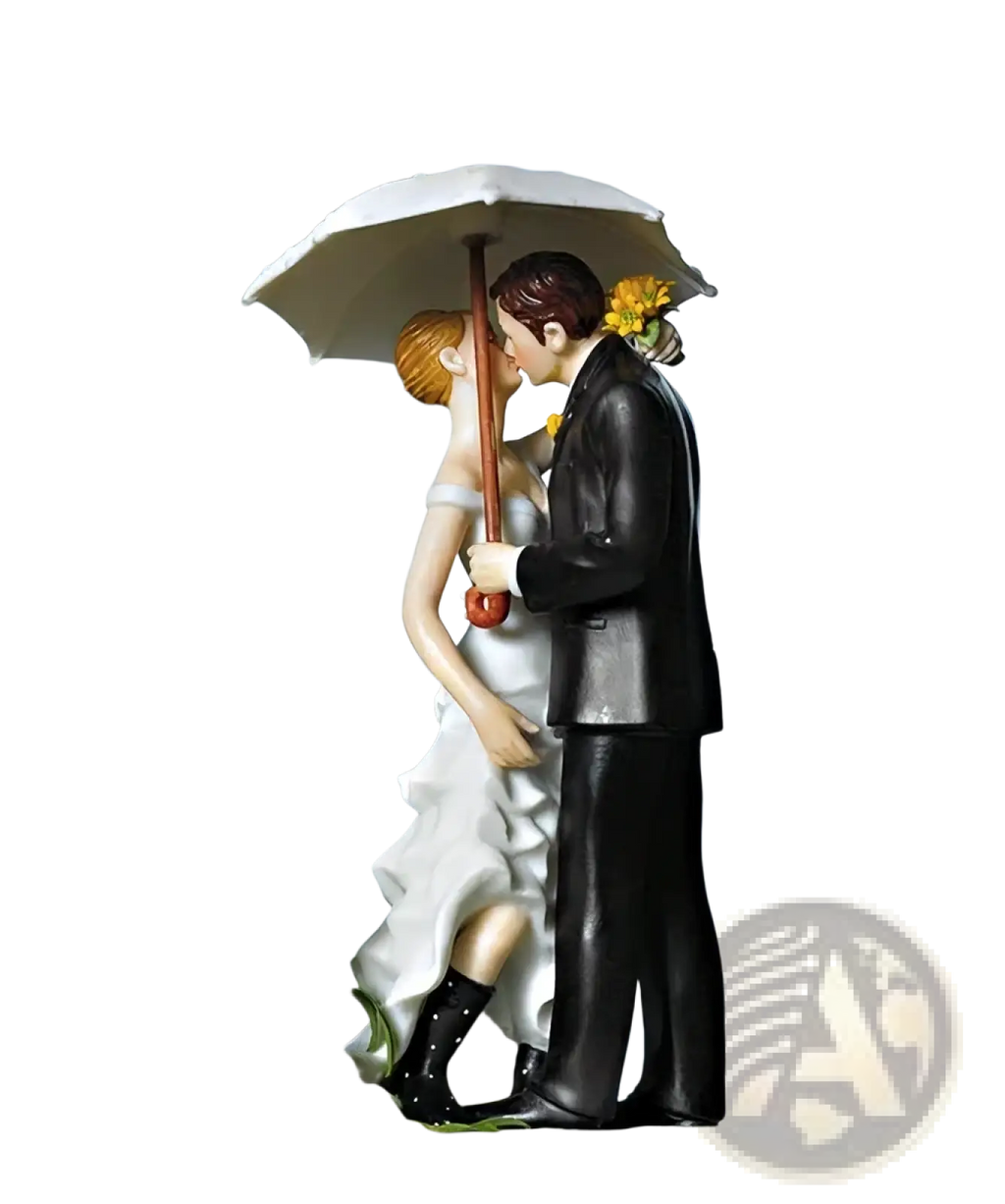 Wedding cake topper bride and groom resin figurine in white and black featuring couple sharing umbrella kiss