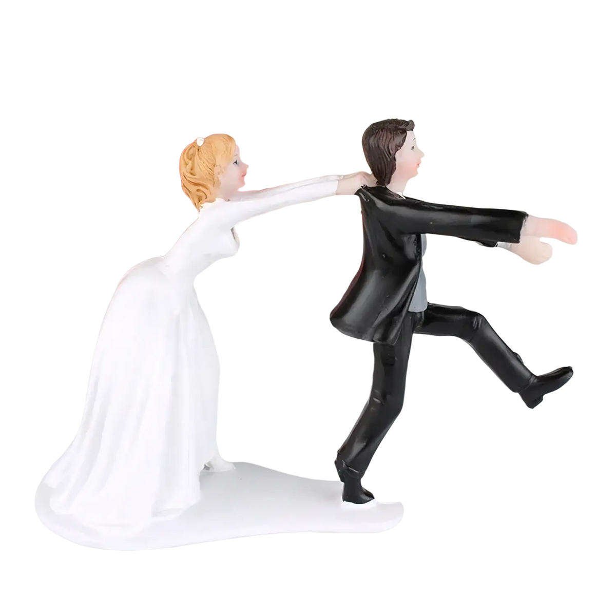 White and black plastic resin wedding cake topper figurine of a dancing bride and groom couple