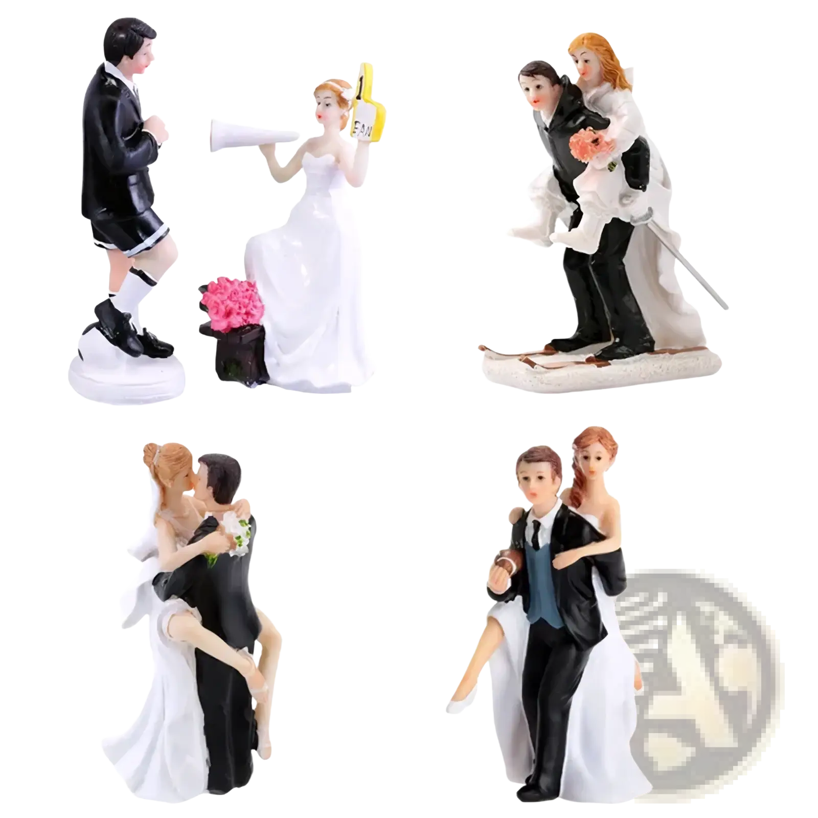 Wedding cake topper bride and groom resin figurine in white and black plastic featuring humorous couple scenarios