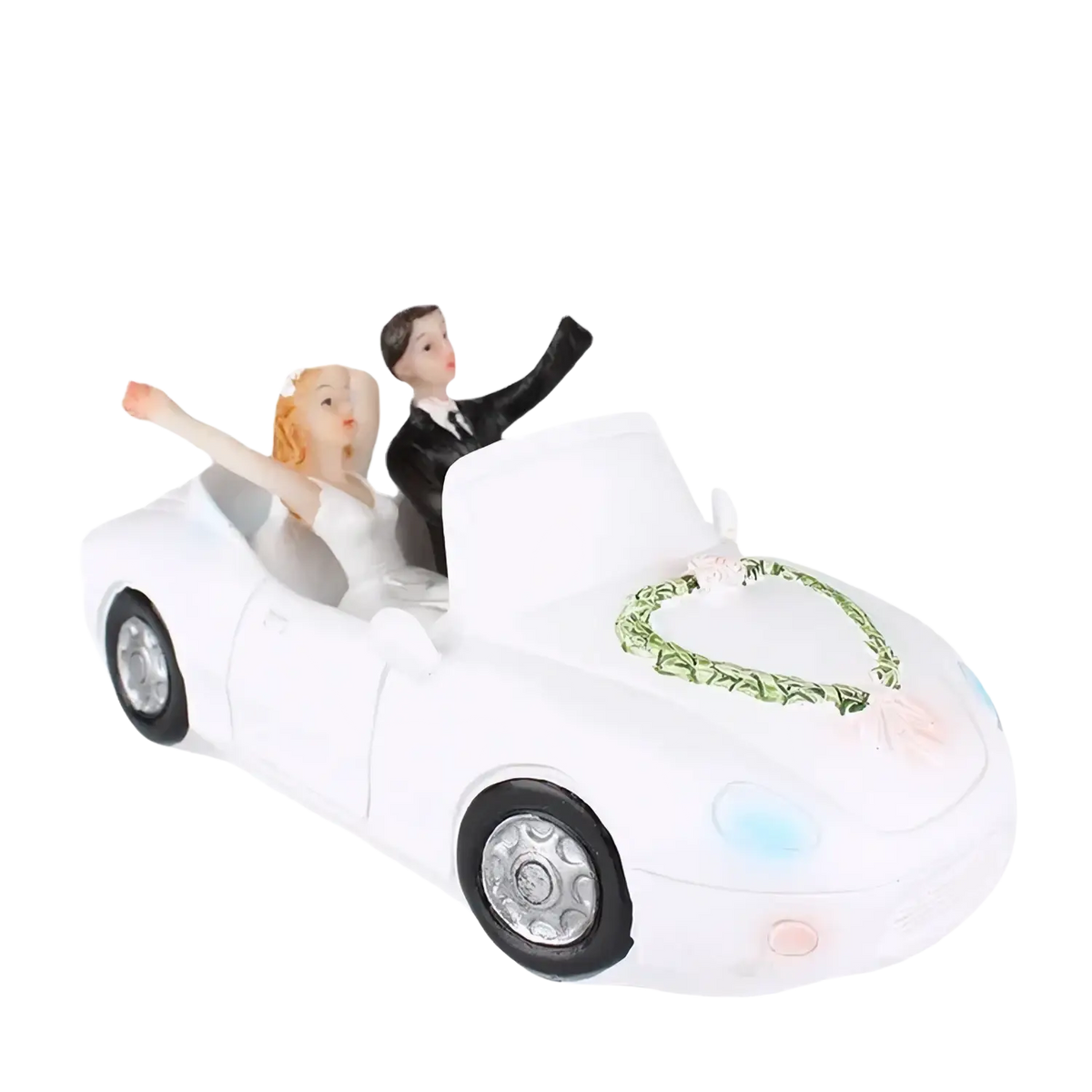 White resin convertible wedding cake topper featuring bride and groom in formal attire with green floral wreath on hood