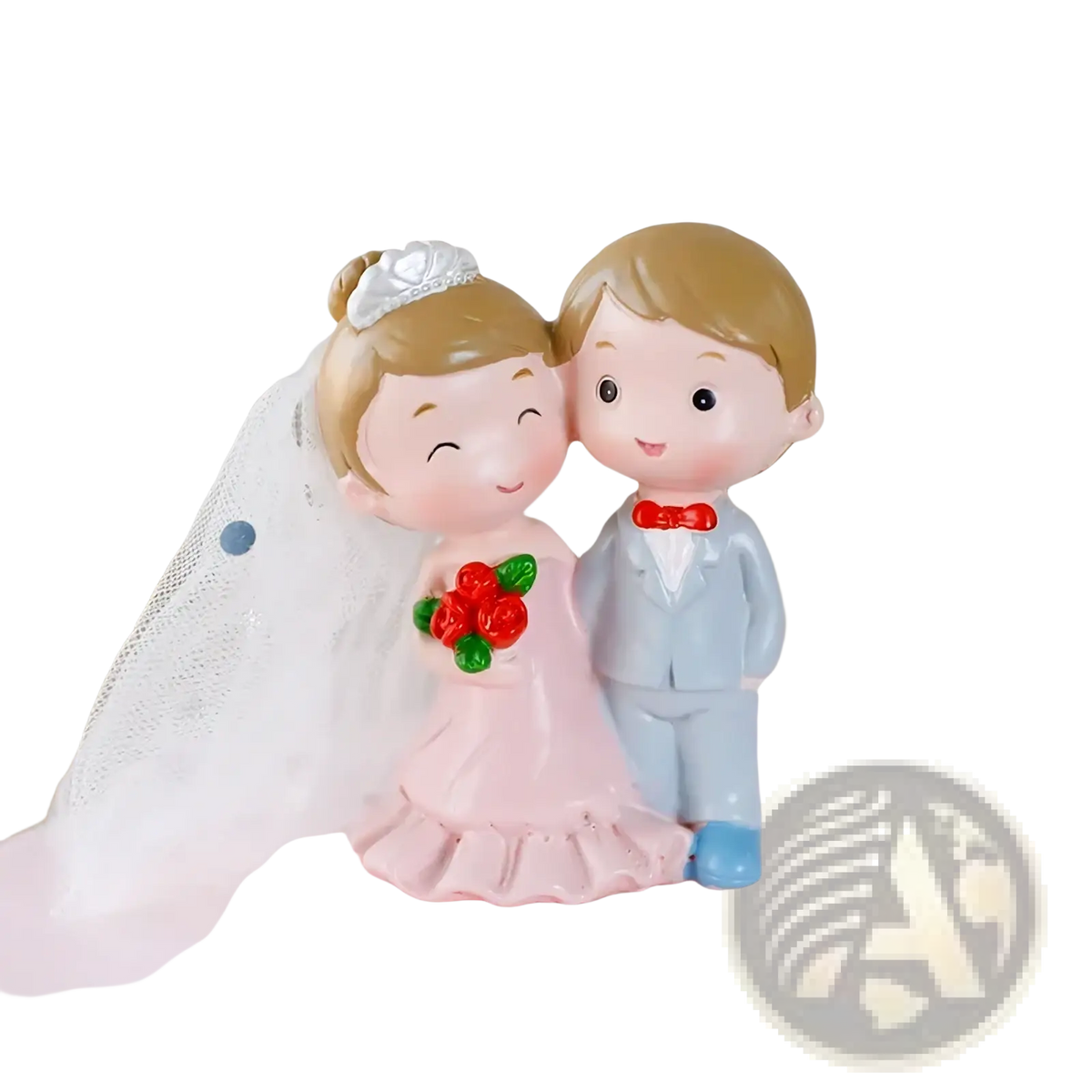 Pink and light blue resin wedding cake topper with bride in white veil holding red roses and groom in suit acrylic decor