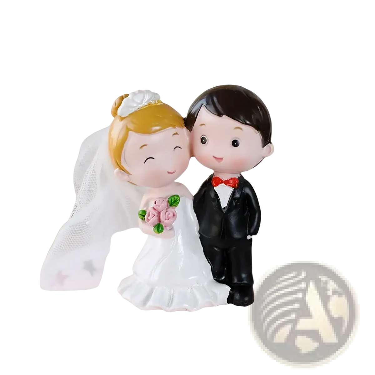 Wedding cake topper gold castle acrylic decor featuring bride with gold hair holding pink roses and groom in black suit