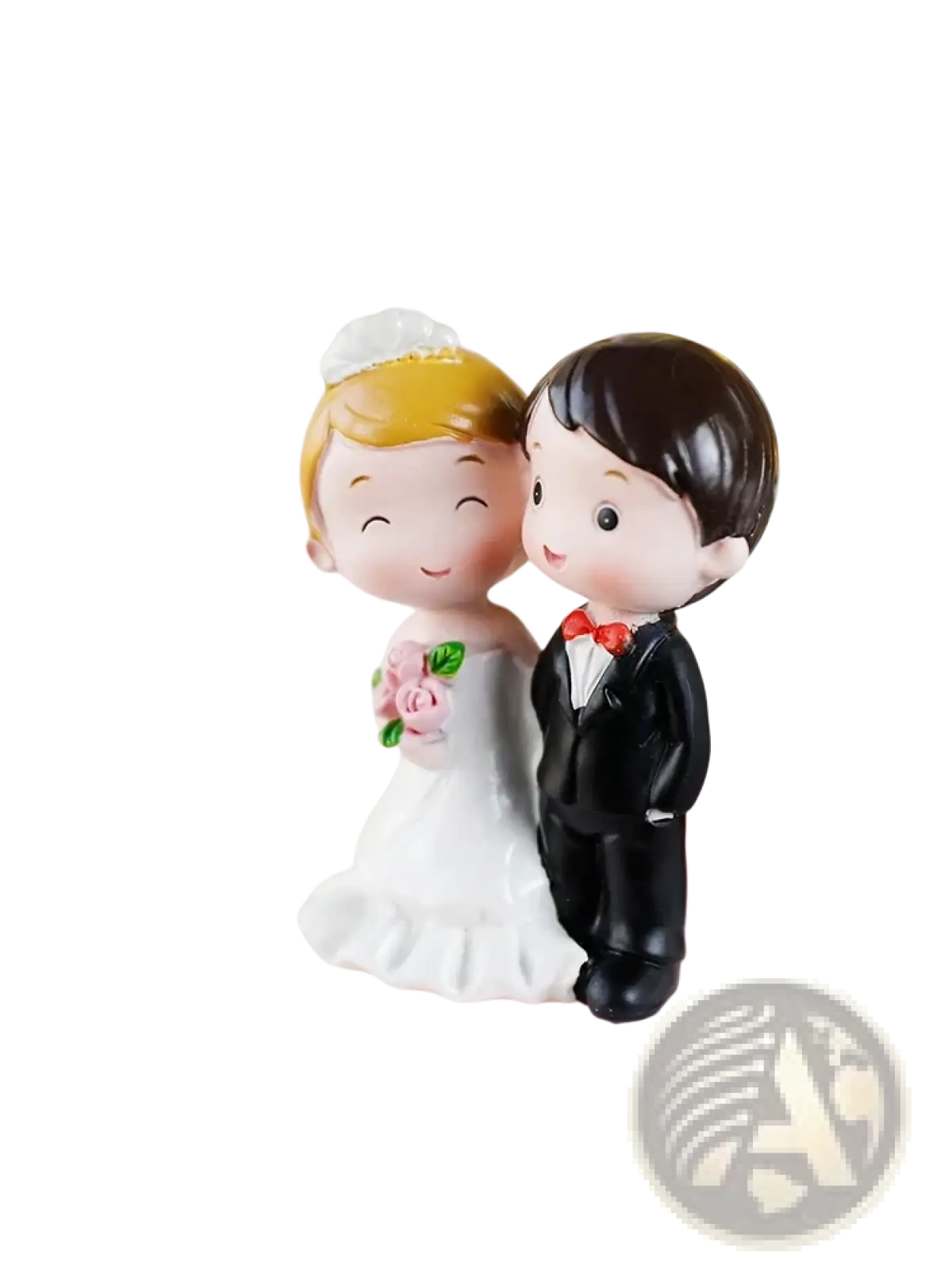 Wedding cake topper gold castle acrylic decor featuring a bride in white with blonde hair and groom in black tuxedo