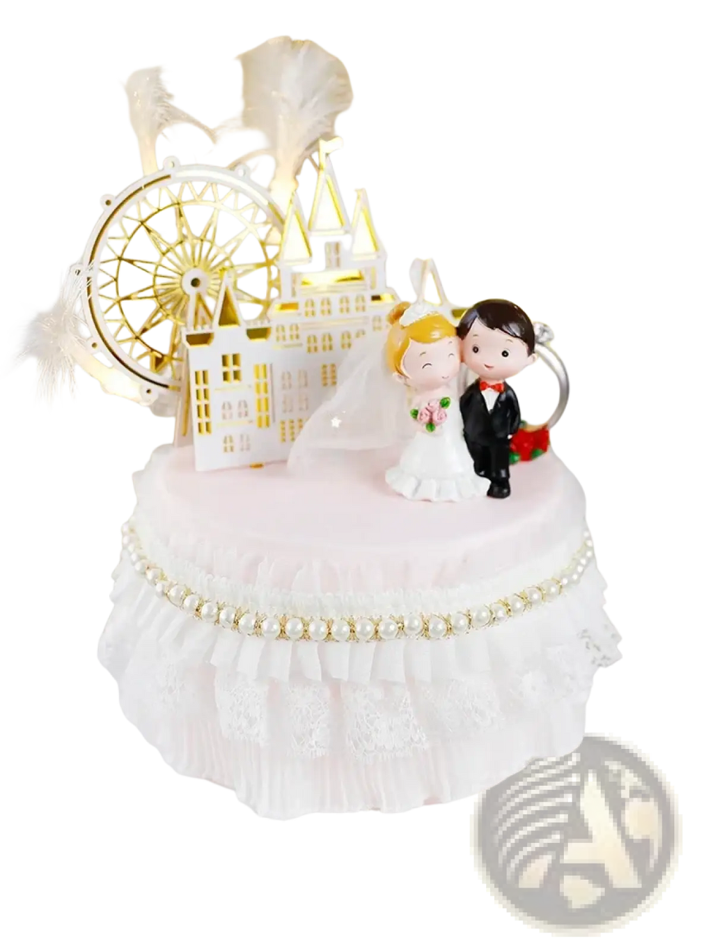 A delicate white wedding cake with a gold acrylic ferris wheel and castle topper featuring bride and groom figurines