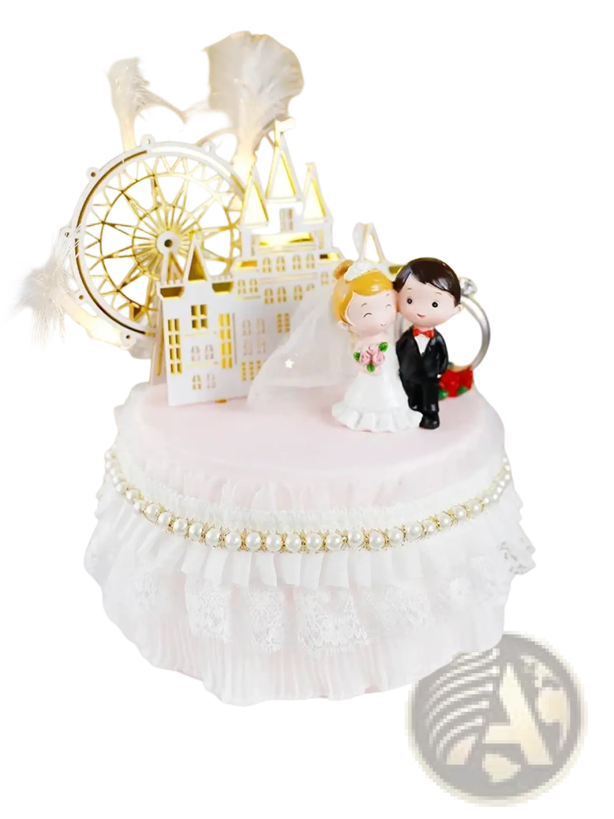 A delicate white wedding cake with a gold acrylic ferris wheel and castle topper featuring bride and groom figurines