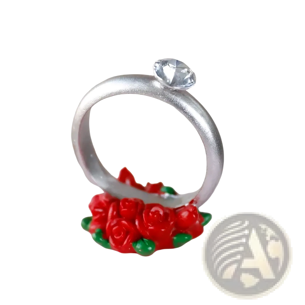 Wedding cake topper gold castle with a silver ring featuring a clear crystal and red rose embellishments