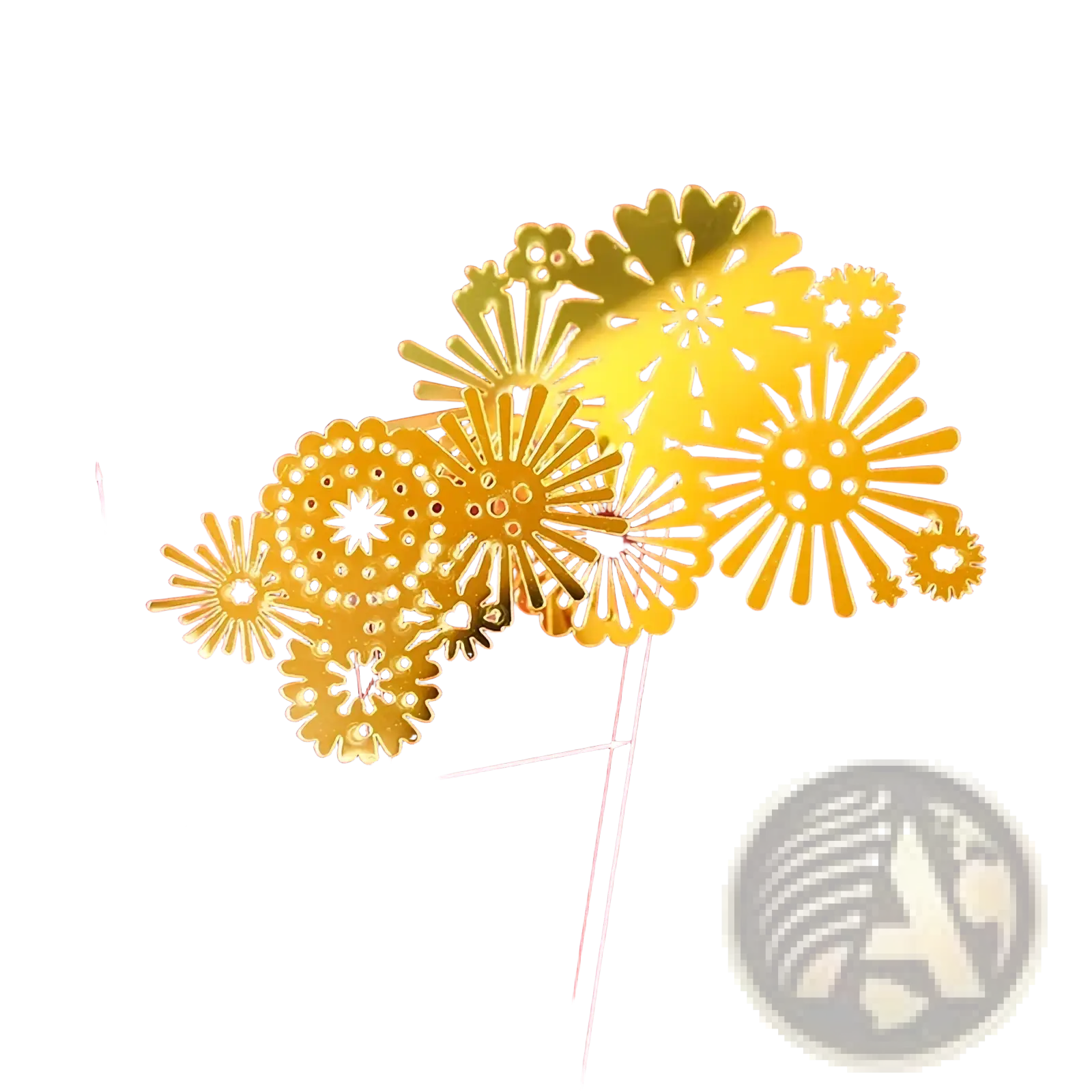 Golden metallic floral wedding cake topper with intricate cut-out designs and shiny finish acrylic decor