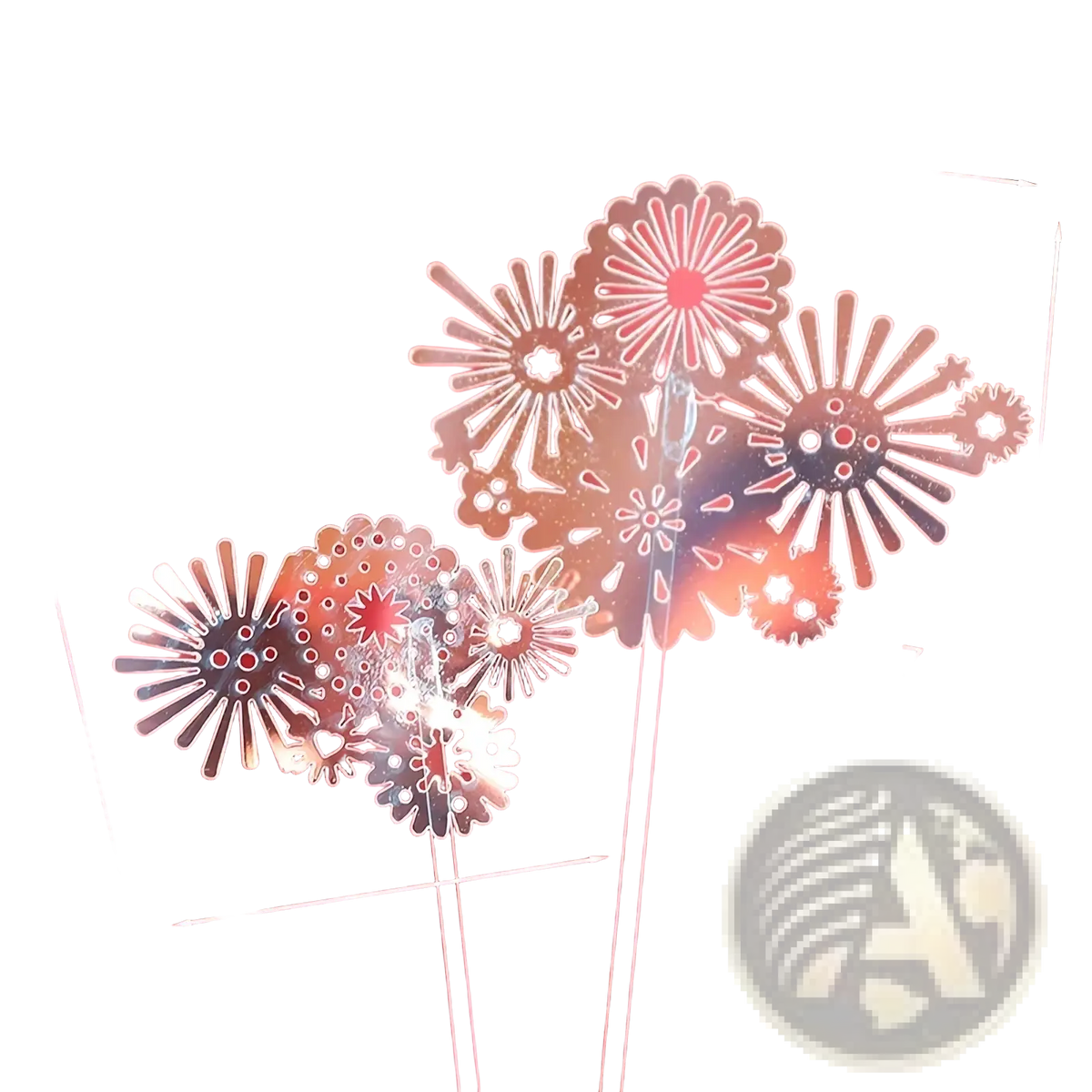 A set of gold metallic flower-shaped wedding cake toppers with intricate cut-out designs and shiny finish