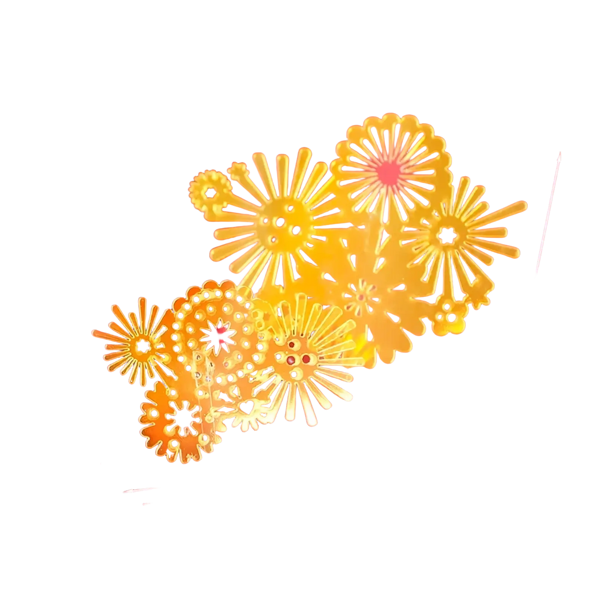 Golden intricately cut floral wedding cake topper with translucent acrylic base for bride and groom decor