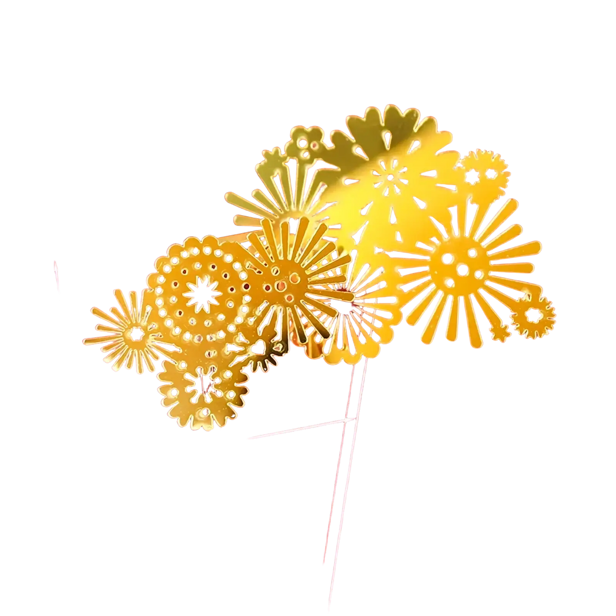 Golden metallic floral wedding cake topper with intricate cut-out designs and shiny finish acrylic decor