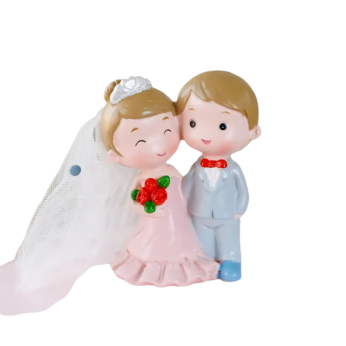 Pink and light blue resin wedding cake topper with bride in white veil holding red roses and groom in suit acrylic decor
