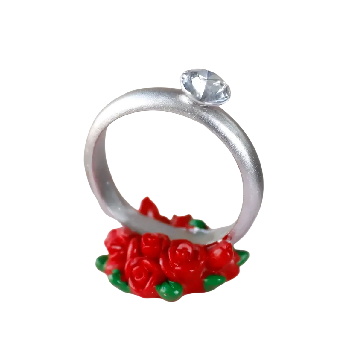 Wedding cake topper gold castle with a silver ring featuring a clear crystal and red rose embellishments