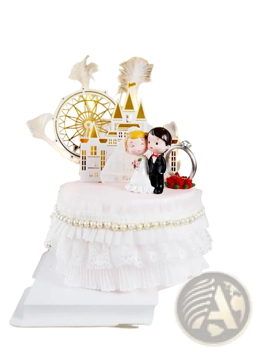 Wedding cake topper gold castle bride groom acrylic decor with white figurines red roses and sparkling golden fireworks