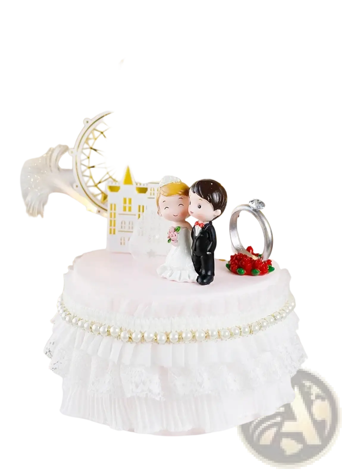 White acrylic wedding cake topper featuring cartoon bride groom with gold castle ferris wheel backdrop and red rose bouquet